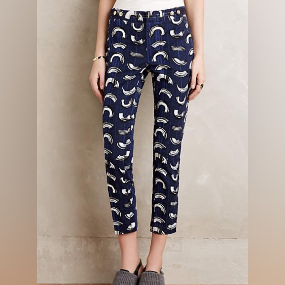 Anthropologie Cartonnier Charlie Blue Blush Stroke print trouser Ankle Pant 10